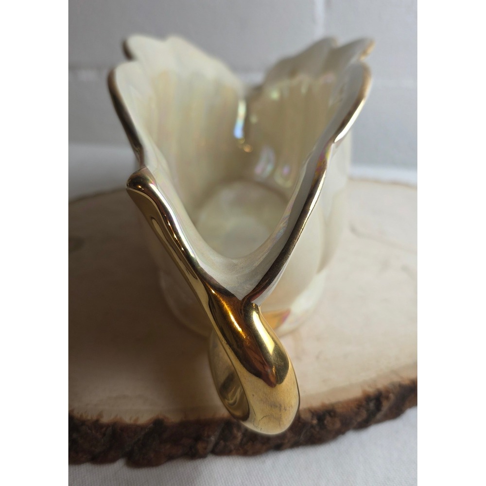 1940s Pearl China Iridescent Console Bowl Scalloped 22K Gold Plated Trim Handles - Picture 9 of 10